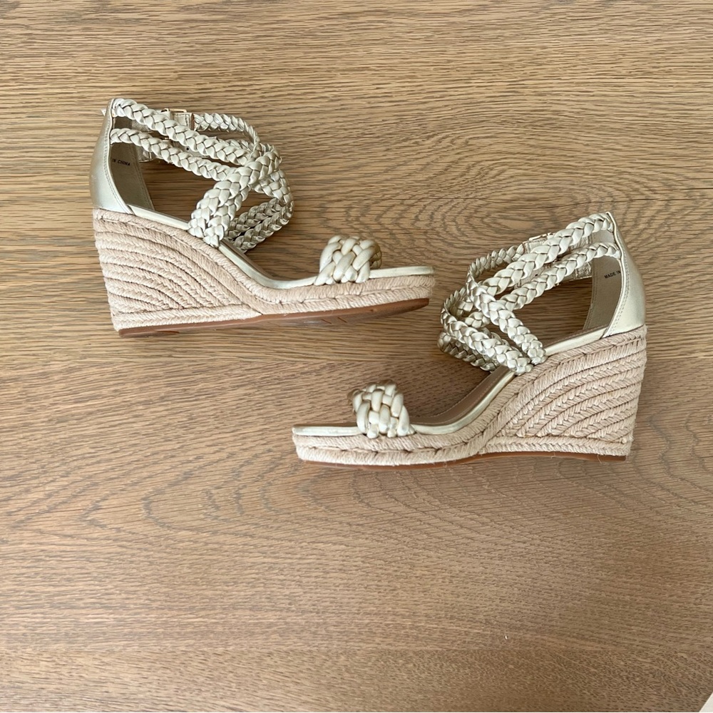 Tory Burch Bailey Metallic Leather Braid Espadrille Wedge Platform Sandals Gold - Picture 7 of 15